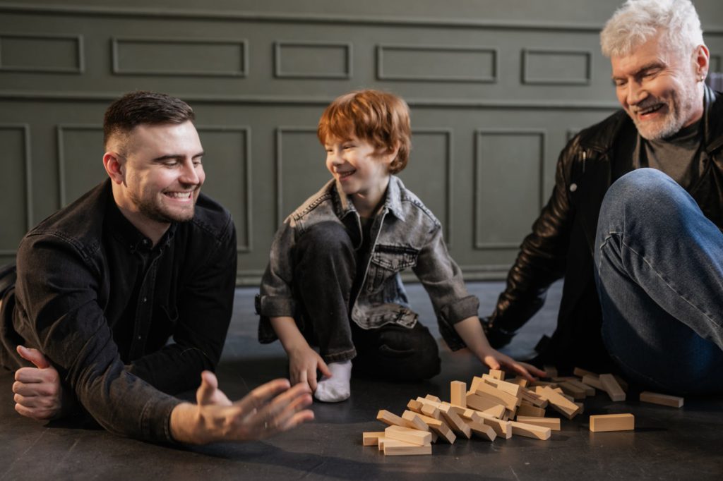 a family playing jenga
