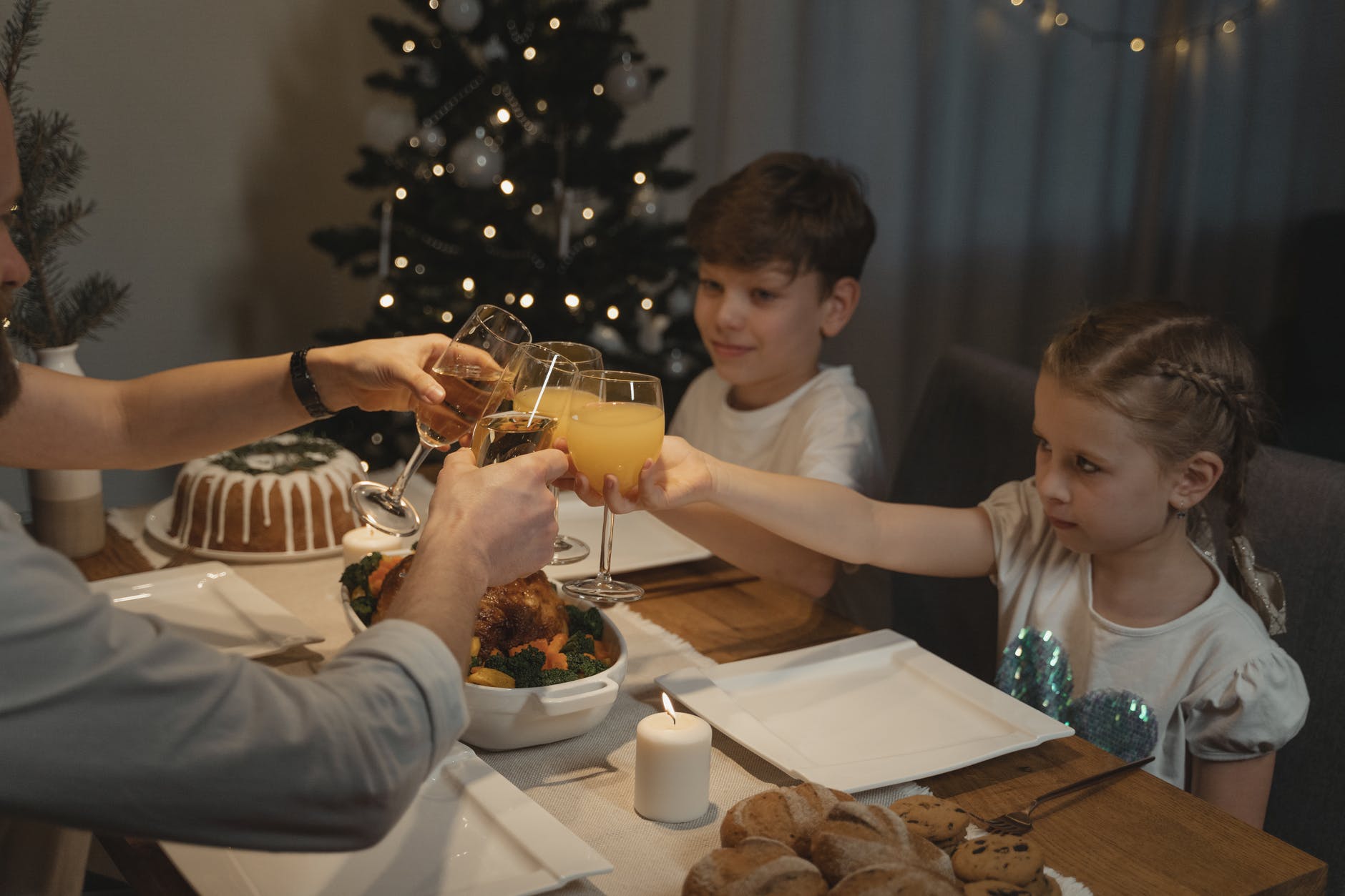 a family having a glass toast during christmas dinner