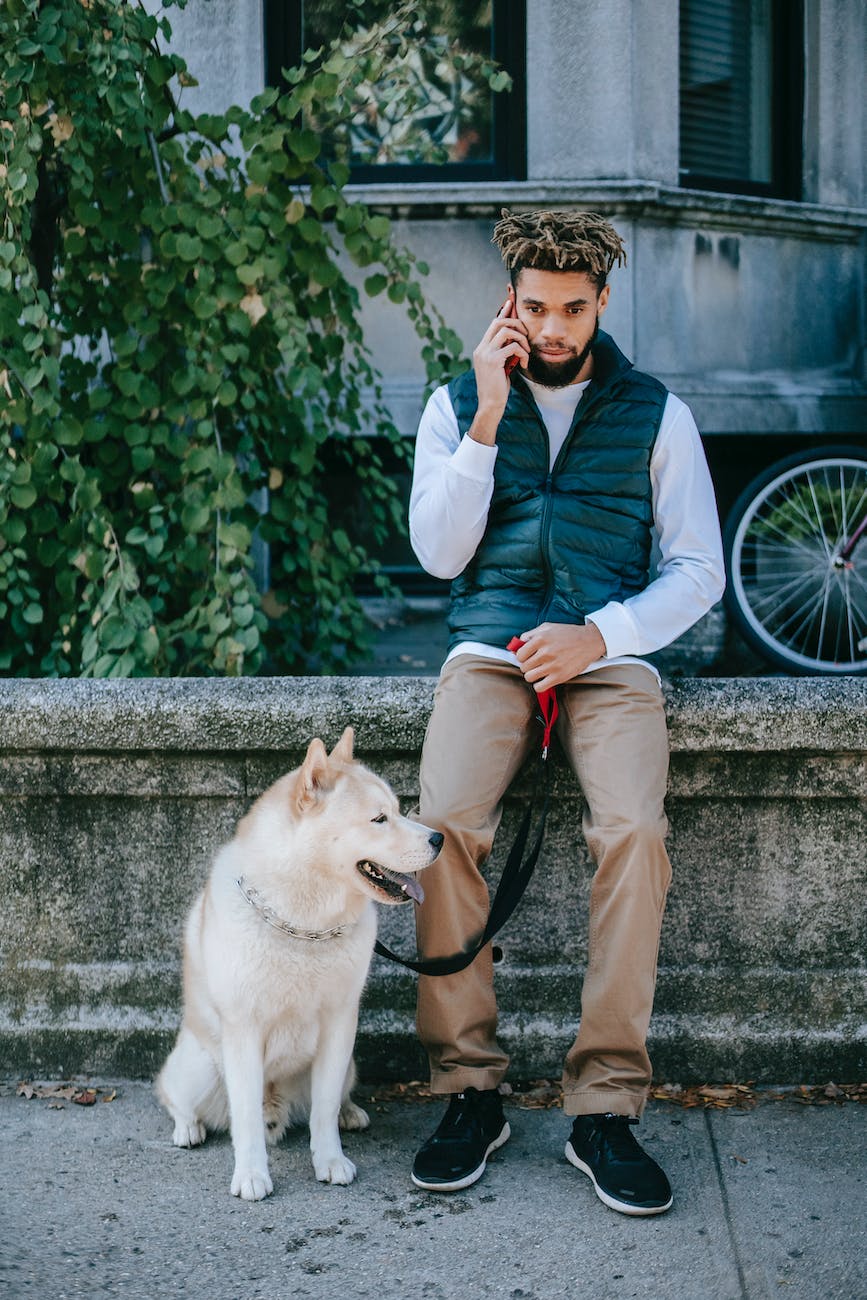 black man sitting on stone fence with dog while speaking on phone