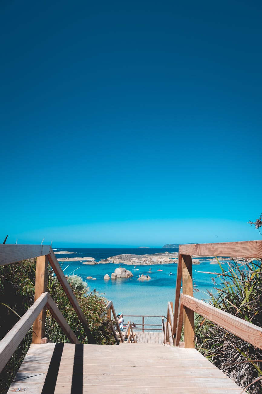 wooden stairs on waterfront in nature
